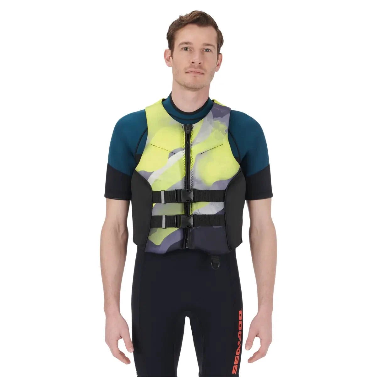 Sea-Doo Airflow Sunset Edition Life Jacket; neon yellow with black sides, front zipper and dual buckle closure.