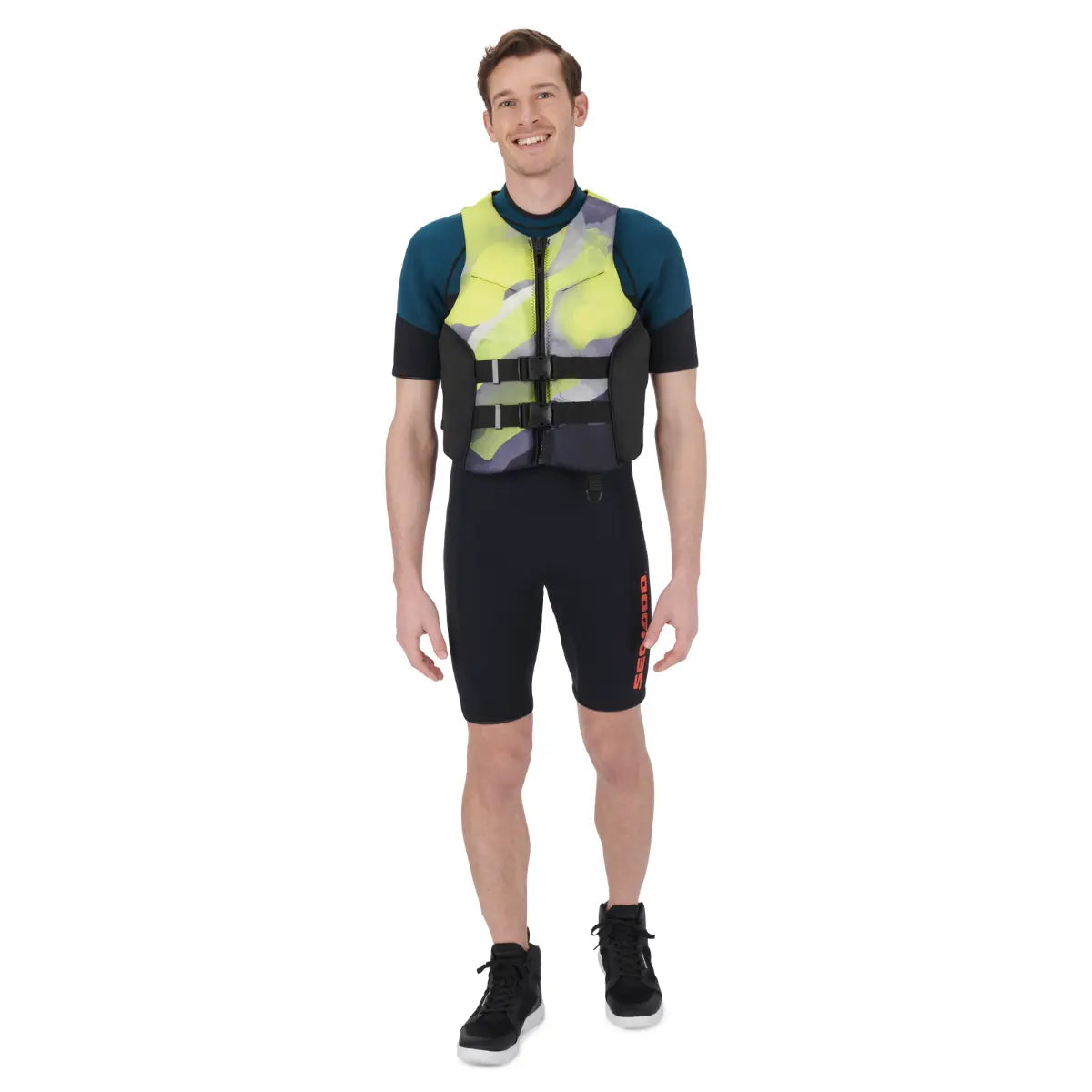 Sea-Doo Airflow Sunset Edition life jacket; bright yellow with gray camo panels and black side panels