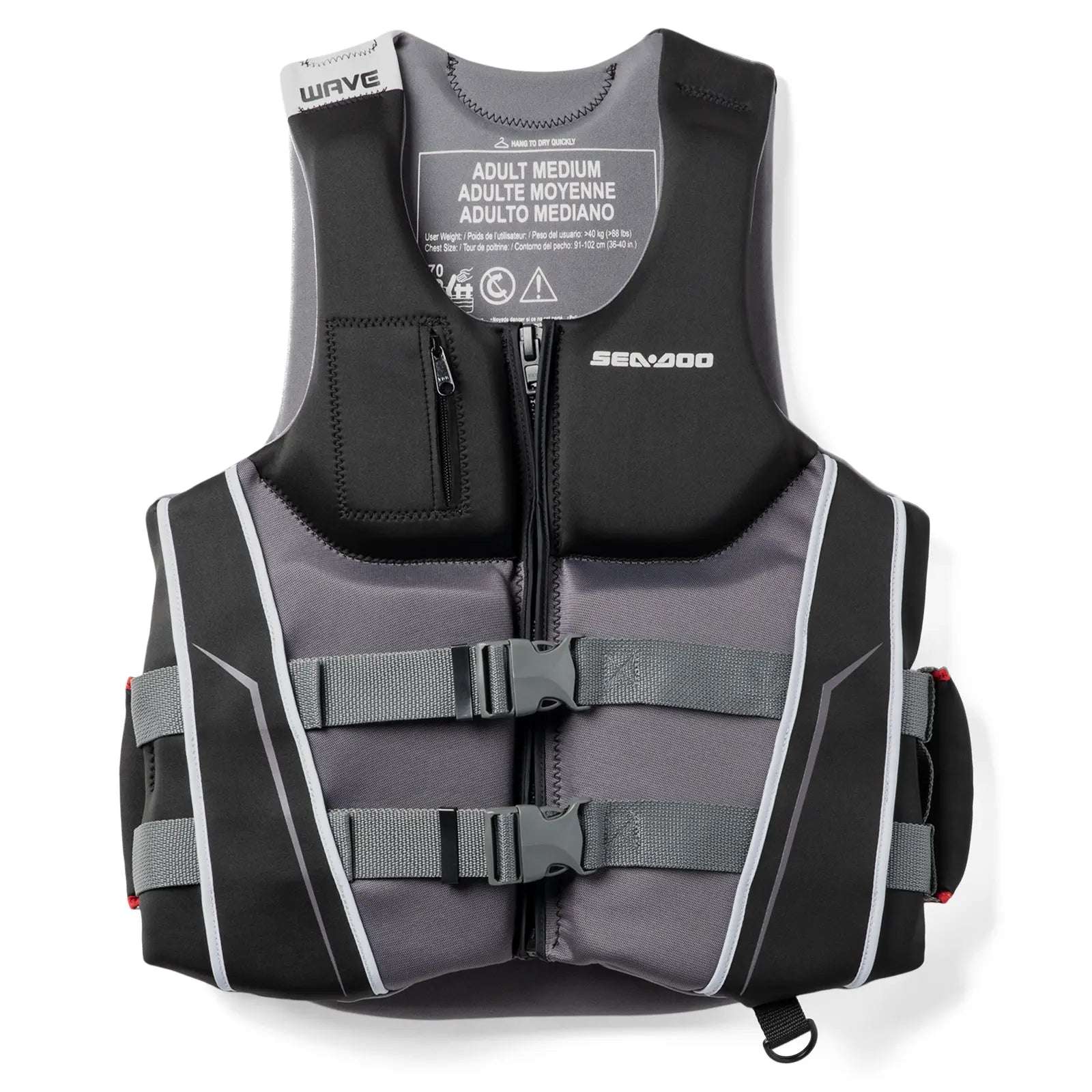 Sea-Doo Wave Grip PFD Life Jacket, unisex black with gray panels and adjustable straps.