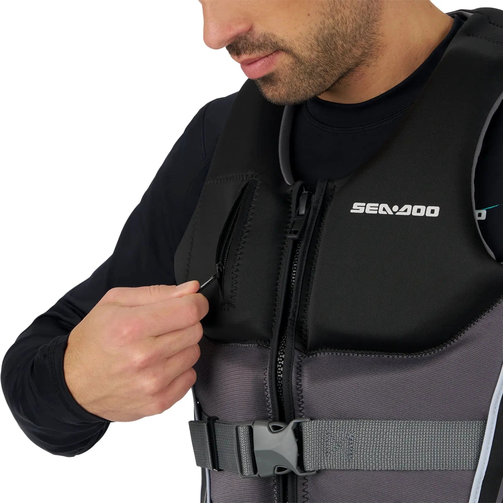 Sea-Doo Wave Grip PFD Life Jacket - Black, unisex with front zipper and adjustable waist strap