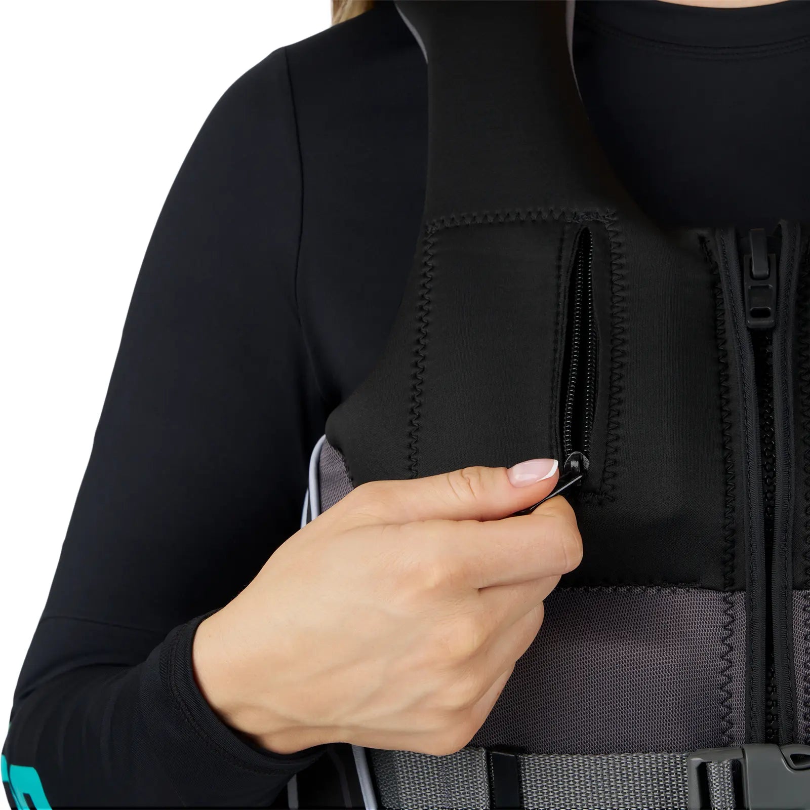 Sea-Doo Wave Grip PFD Life Jacket, unisex black with front zip pocket.