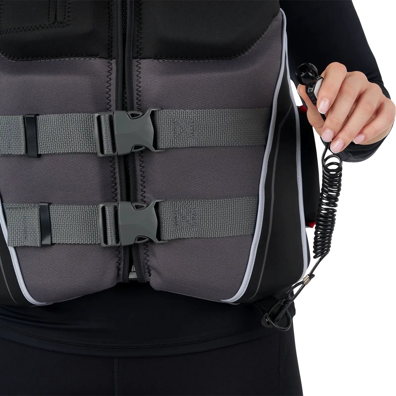 Sea-Doo Wave Grip PFD Life Jacket; unisex, black with gray panels, front buckles, and a coiled safety lanyard.