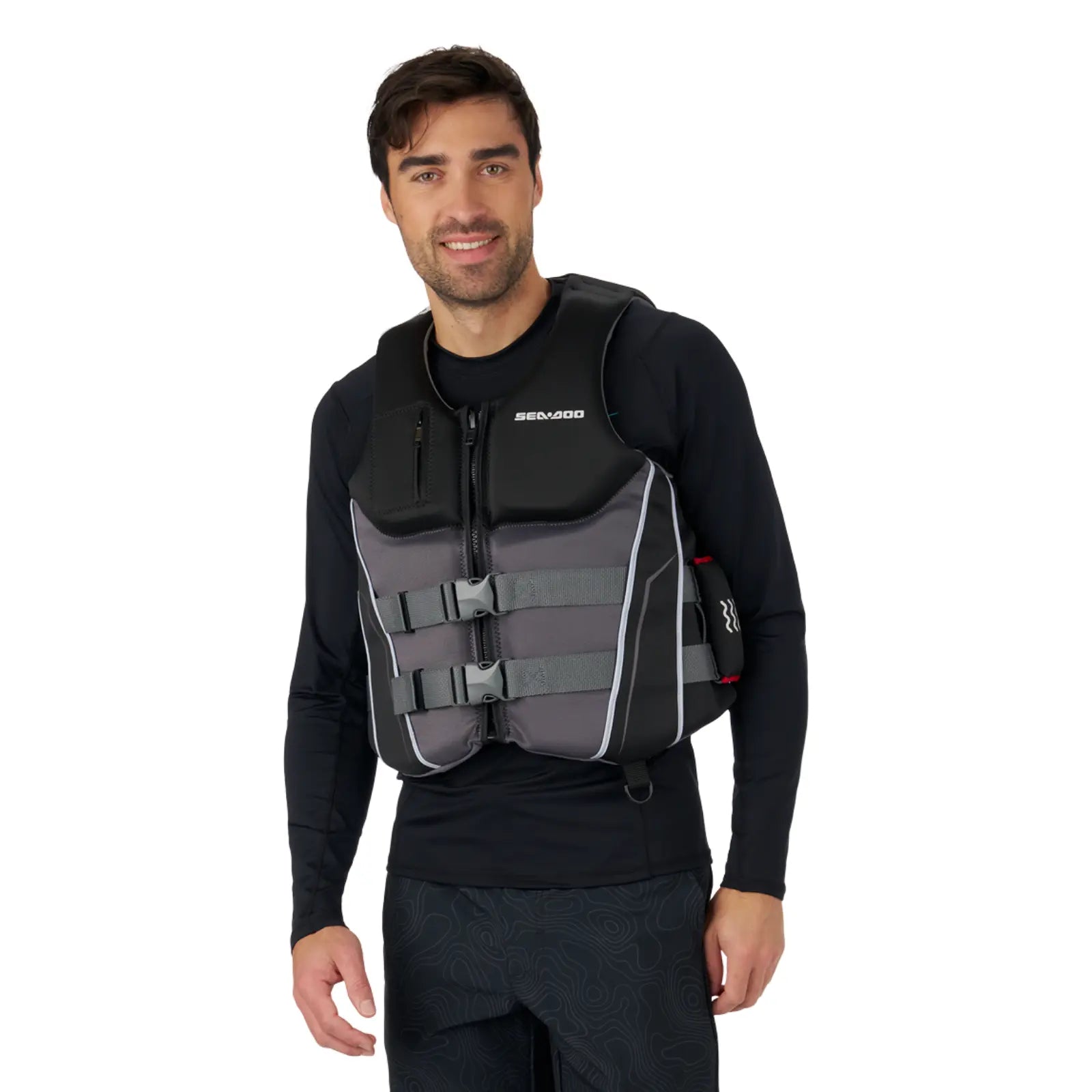 Sea-Doo Wave Grip Life Jacket PFD, unisex, black with gray panels and front buckles