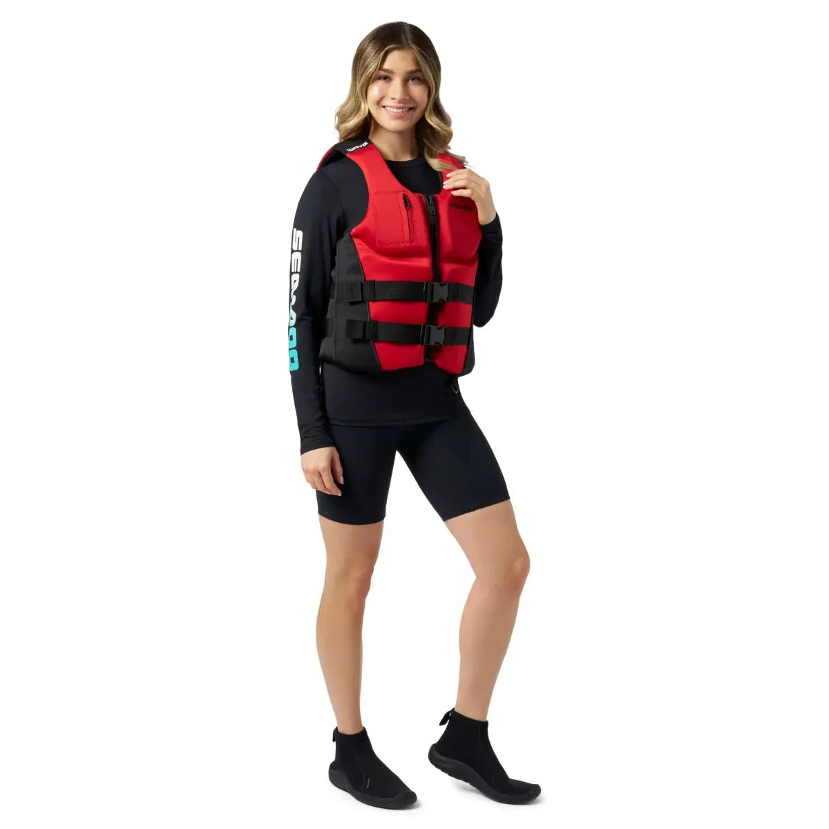 Sea-Doo Wave PFD Life Jacket in red with black panels and three adjustable front straps