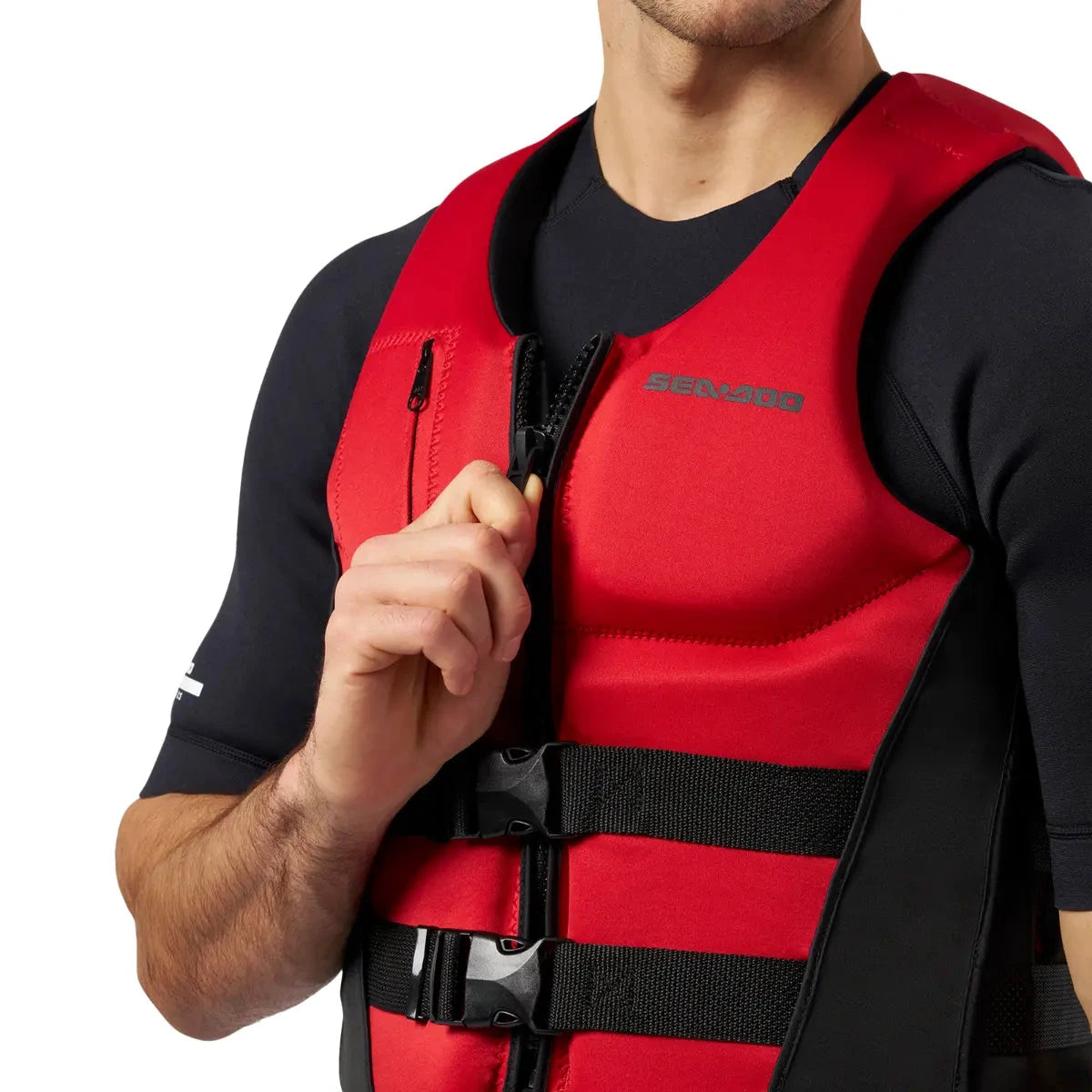Sea-Doo Wave PFD Life Jacket in red with front zipper and dual adjustable straps
