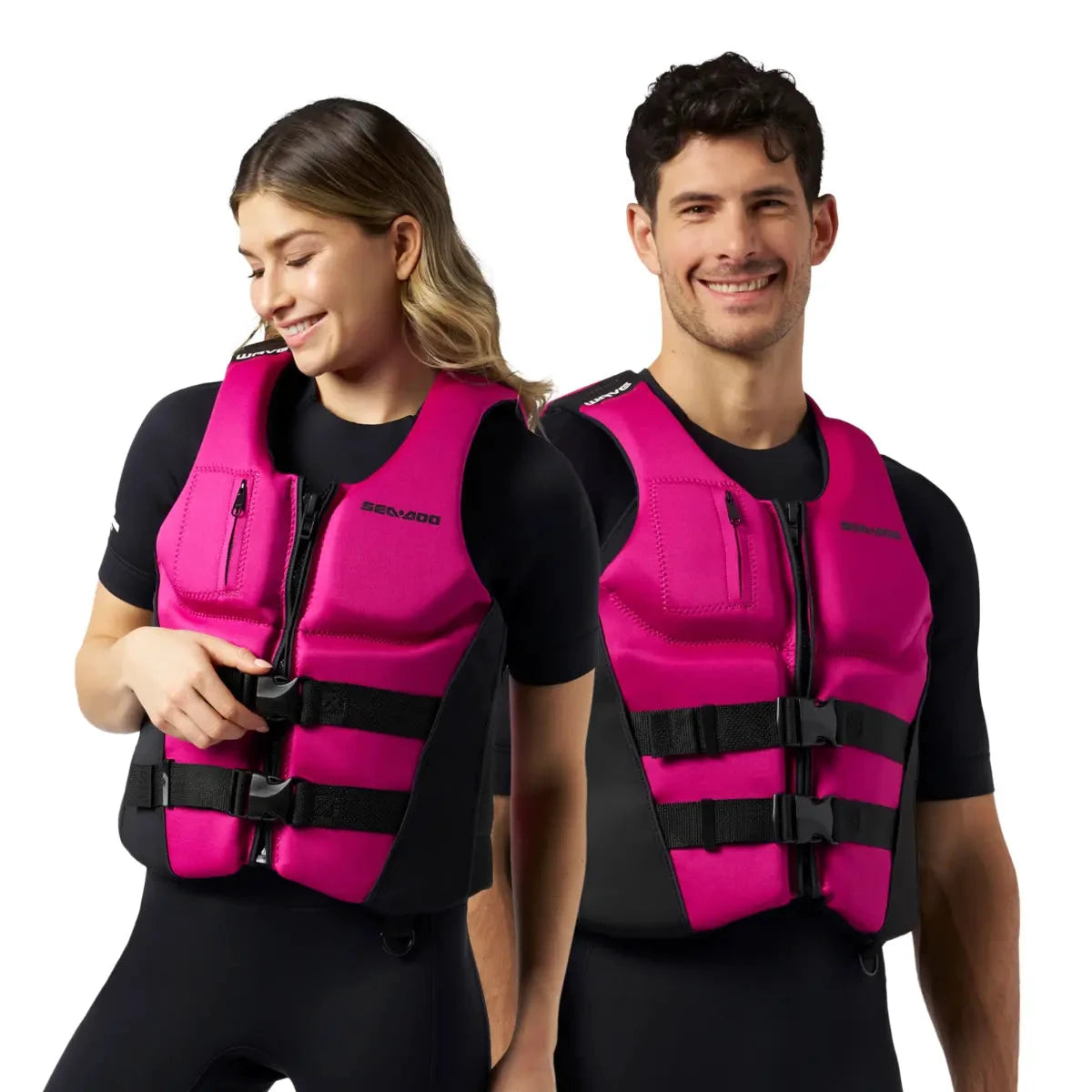 Sea-Doo Wave Life Jacket/PFD pink, bright pink with black straps; 2 shown.