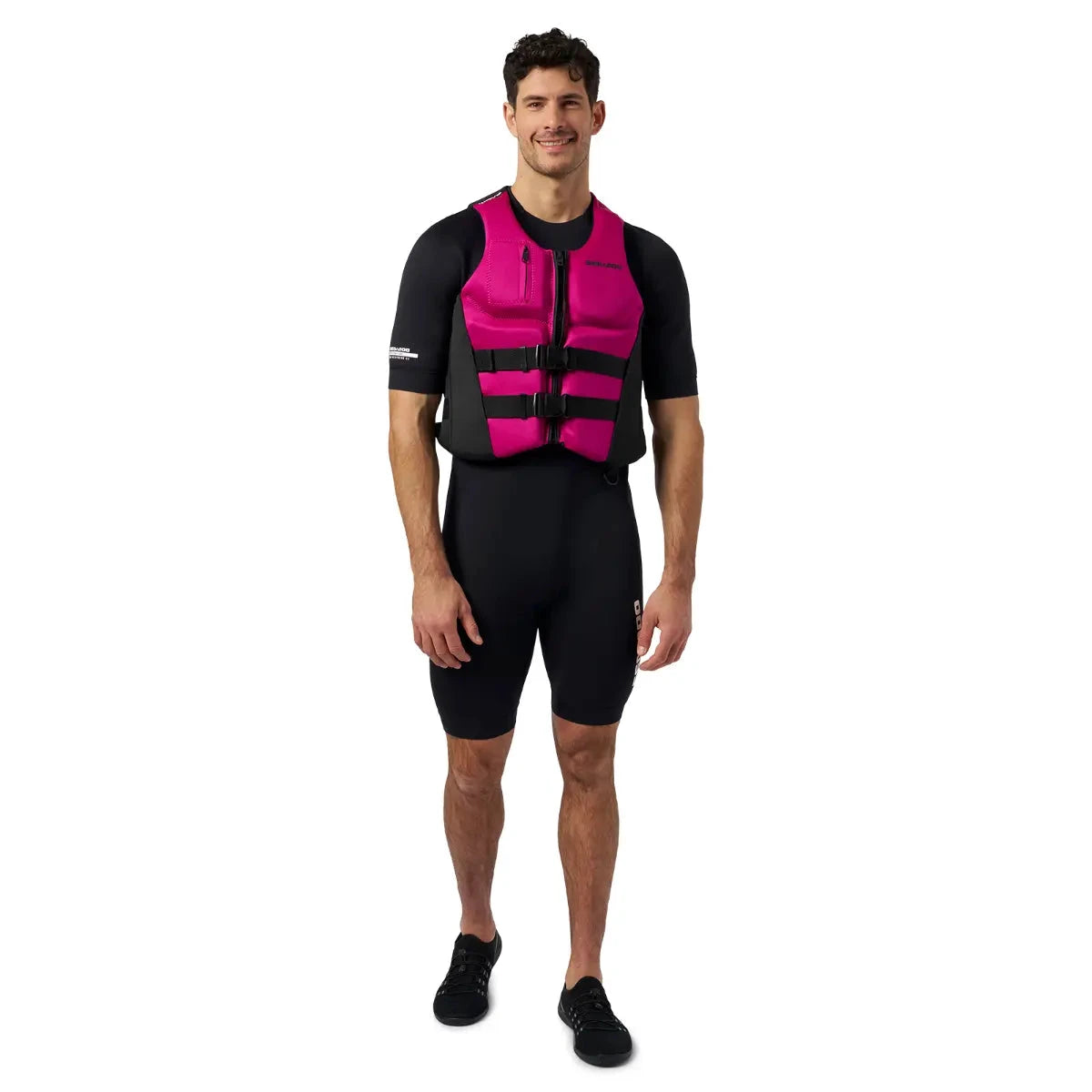 Sea-Doo Wave Life Jacket/PFD pink over black clothing worn by a model