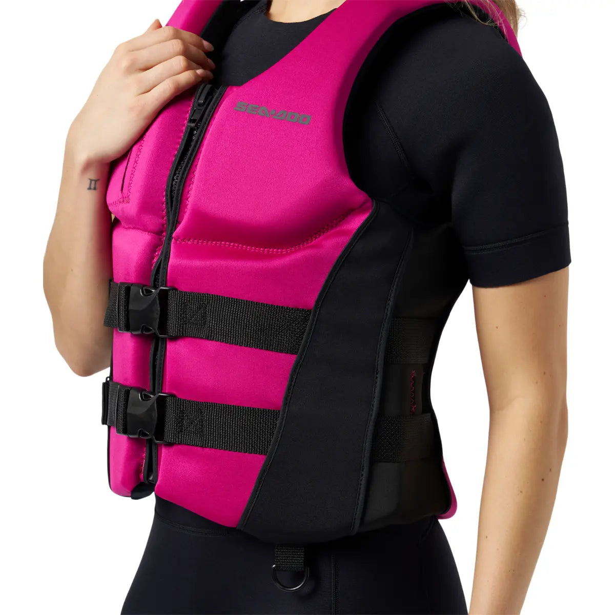 Sea-Doo Wave PFD Life Jacket in pink with black adjustable straps and front zipper.