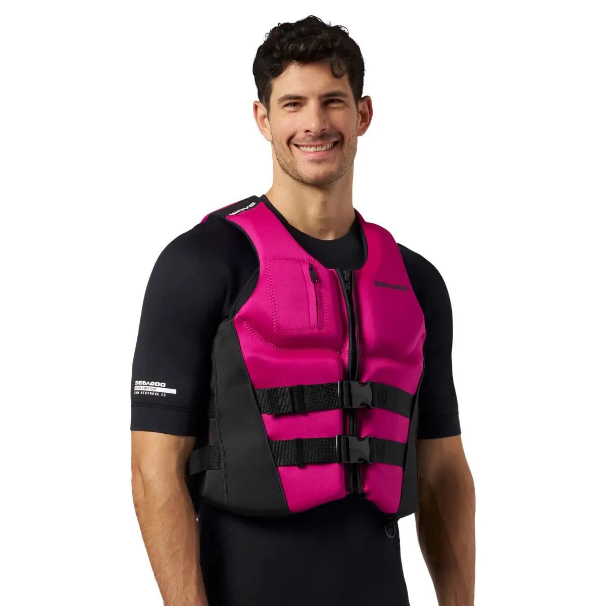 Sea-Doo Wave PFD life jacket in pink with black panels, front zipper and three adjustable straps.