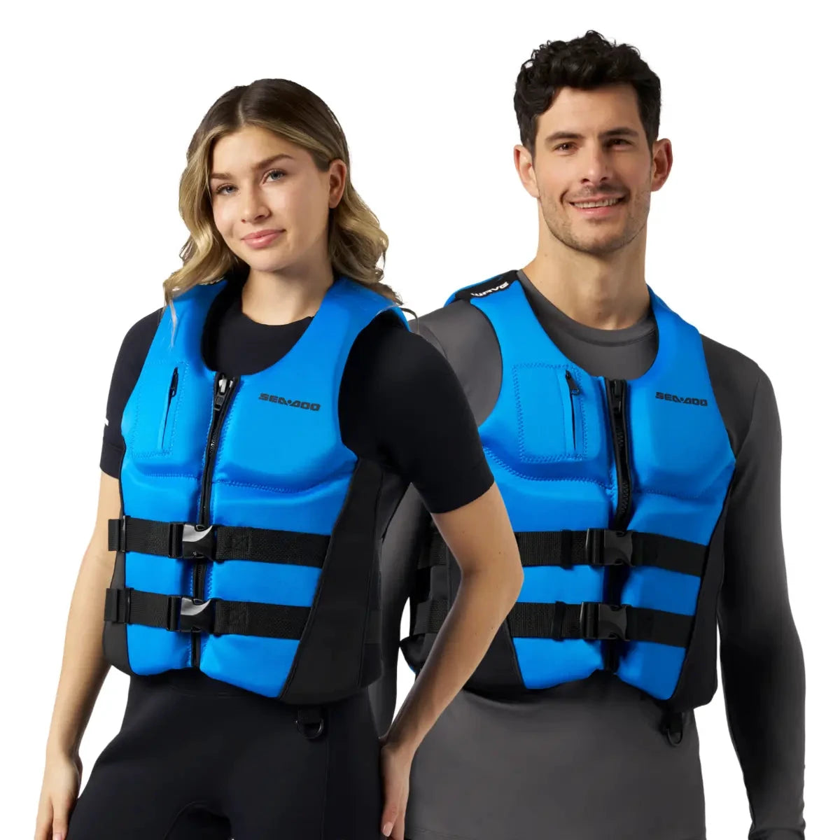 Sea-Doo Wave Life Jacket/PFD blue, worn by two models with black straps
