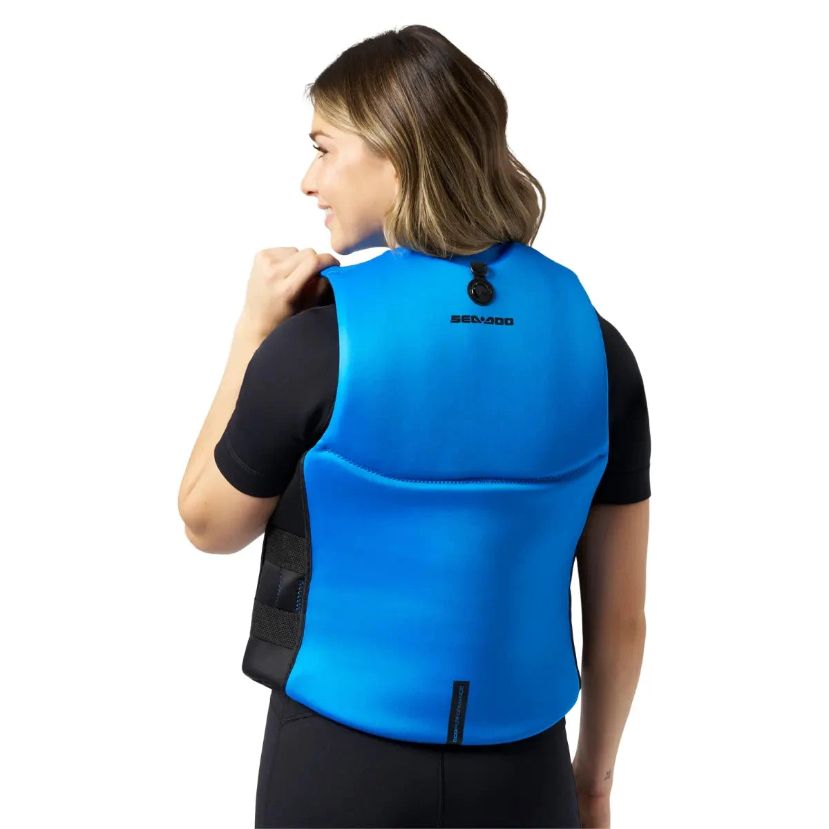 Sea-Doo Wave Life Jacket/PFD, blue, back view with Sea-Doo logo.