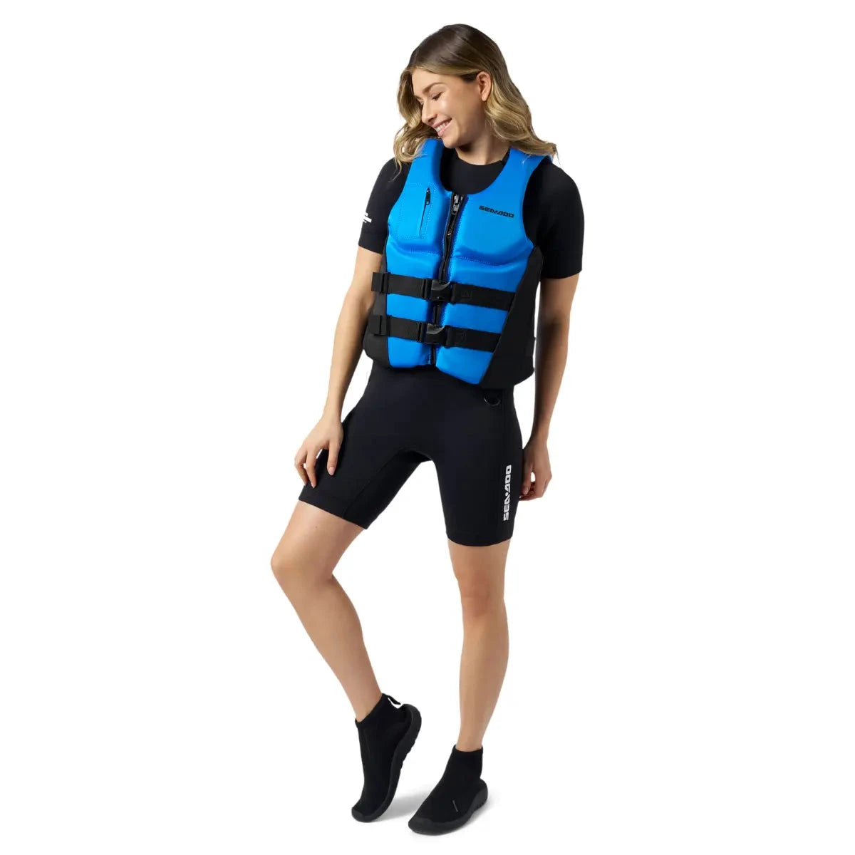 Sea-Doo Wave life jacket/PFD in blue with black straps.