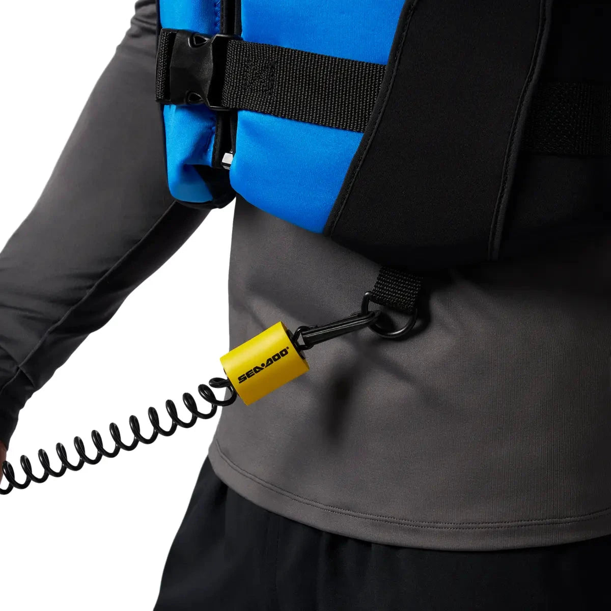Sea-Doo Wave Life Jacket/PFD in blue with black straps and yellow whistle lanyard