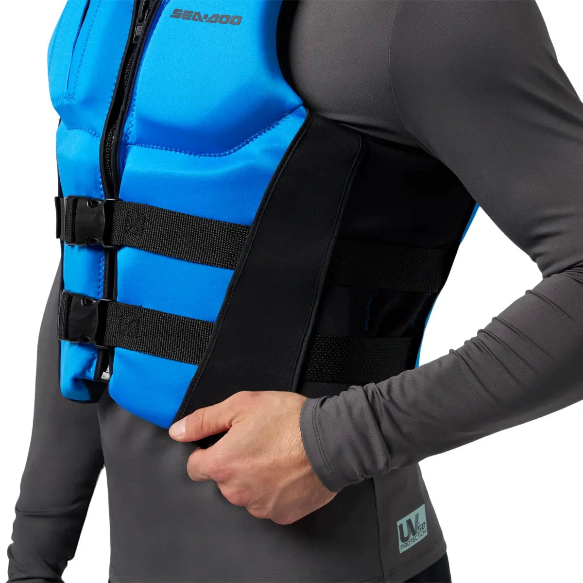 Sea-Doo Wave Life Jacket PFD in blue with black adjustable straps.