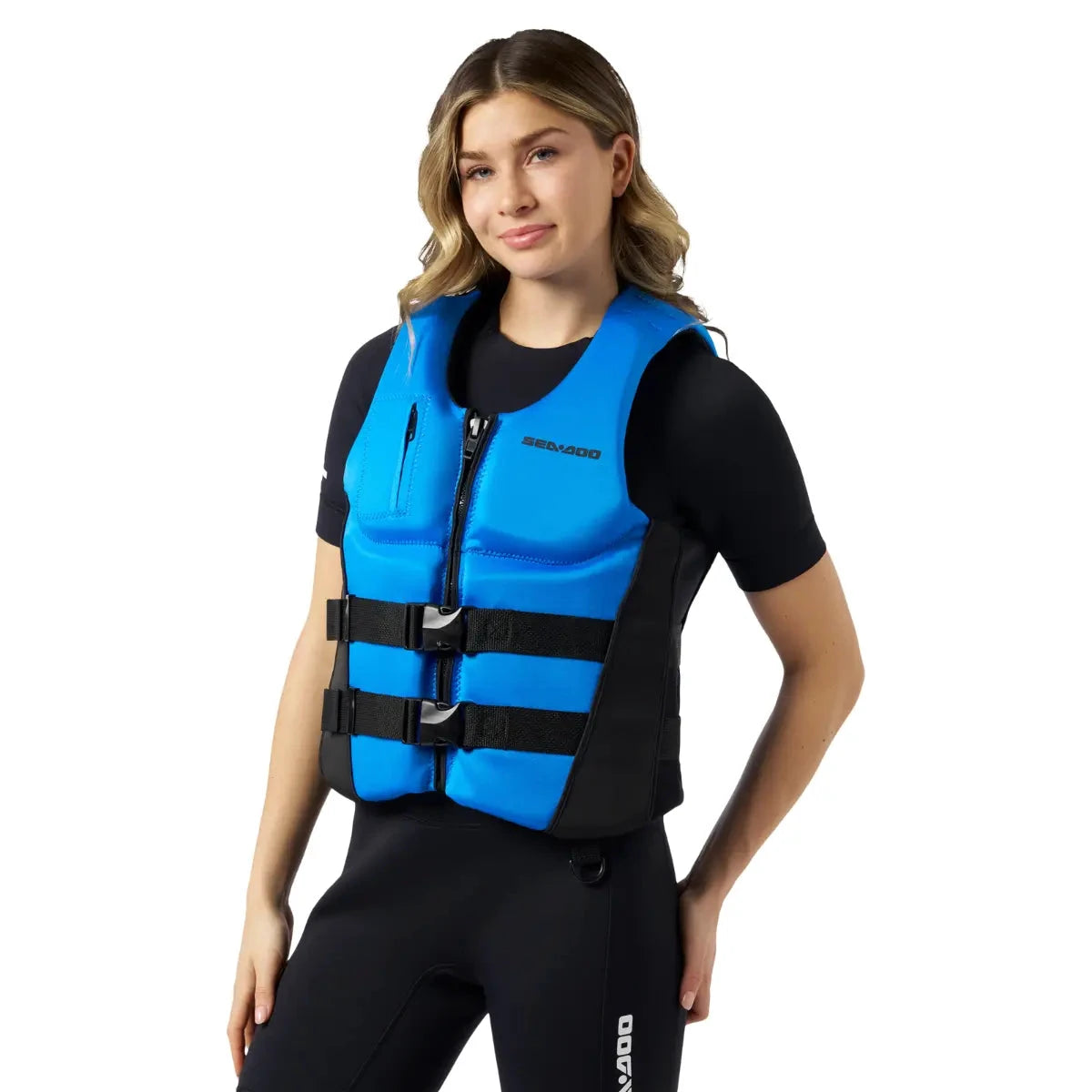 Sea-Doo Wave PFD life jacket in blue with black sides, front zipper and three adjustable straps