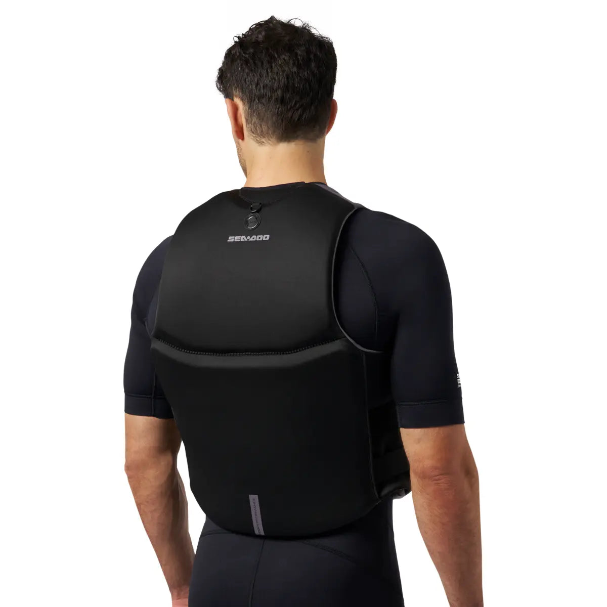 Sea-Doo Wave Life Jacket/PFD, black, back view with Sea-Doo logo.