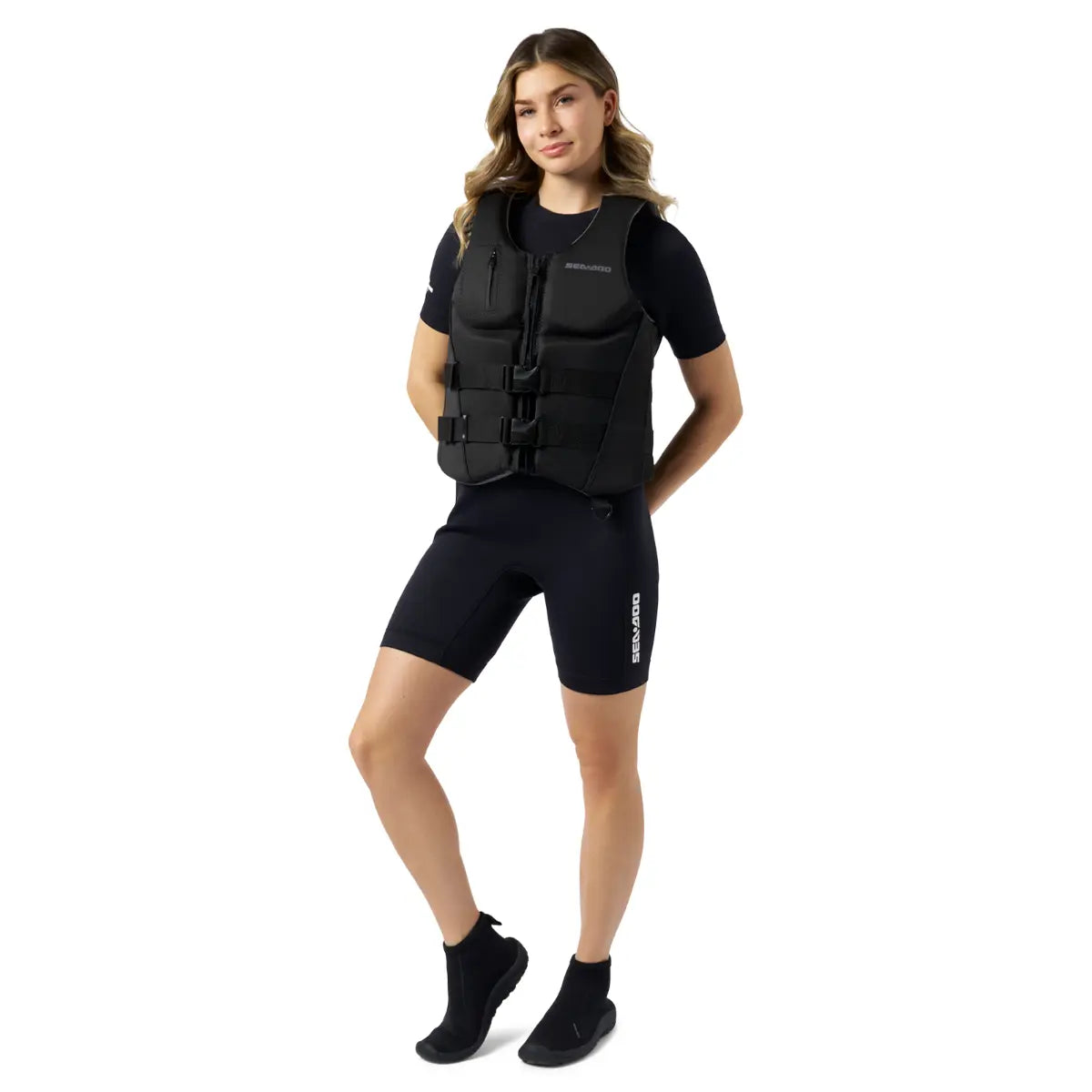 Sea-Doo Wave Life Jacket/PFD, black, with front zipper and three buckles, shown on a model in black activewear