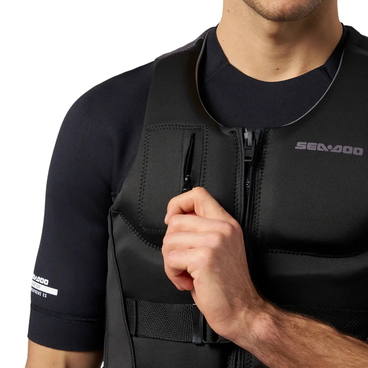 Sea-Doo Wave PFD Life Jacket, black vest with front zipper and Sea-Doo logo