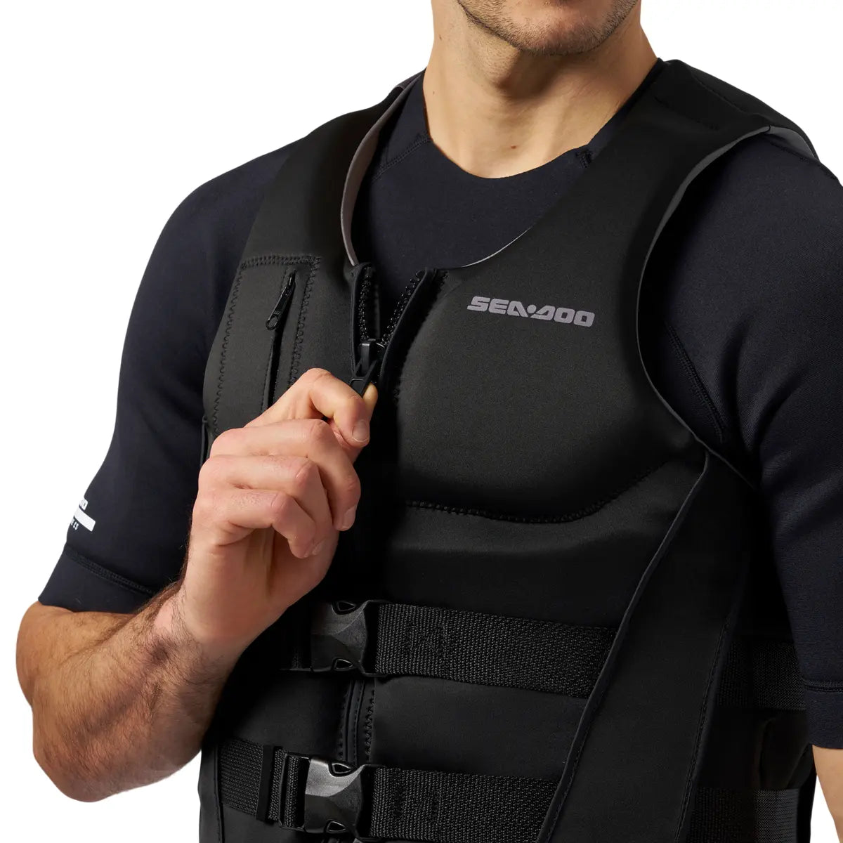 Sea-Doo Wave Life Jacket/PFD in black with front zipper and adjustable straps