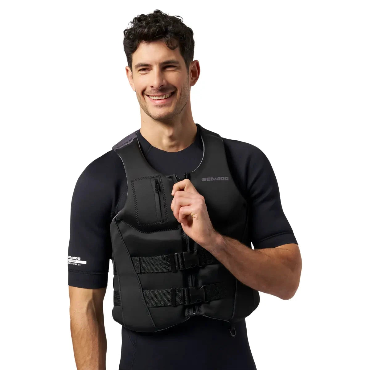 Sea-Doo Wave Life Jacket/PFD in black with front zipper and three adjustable straps