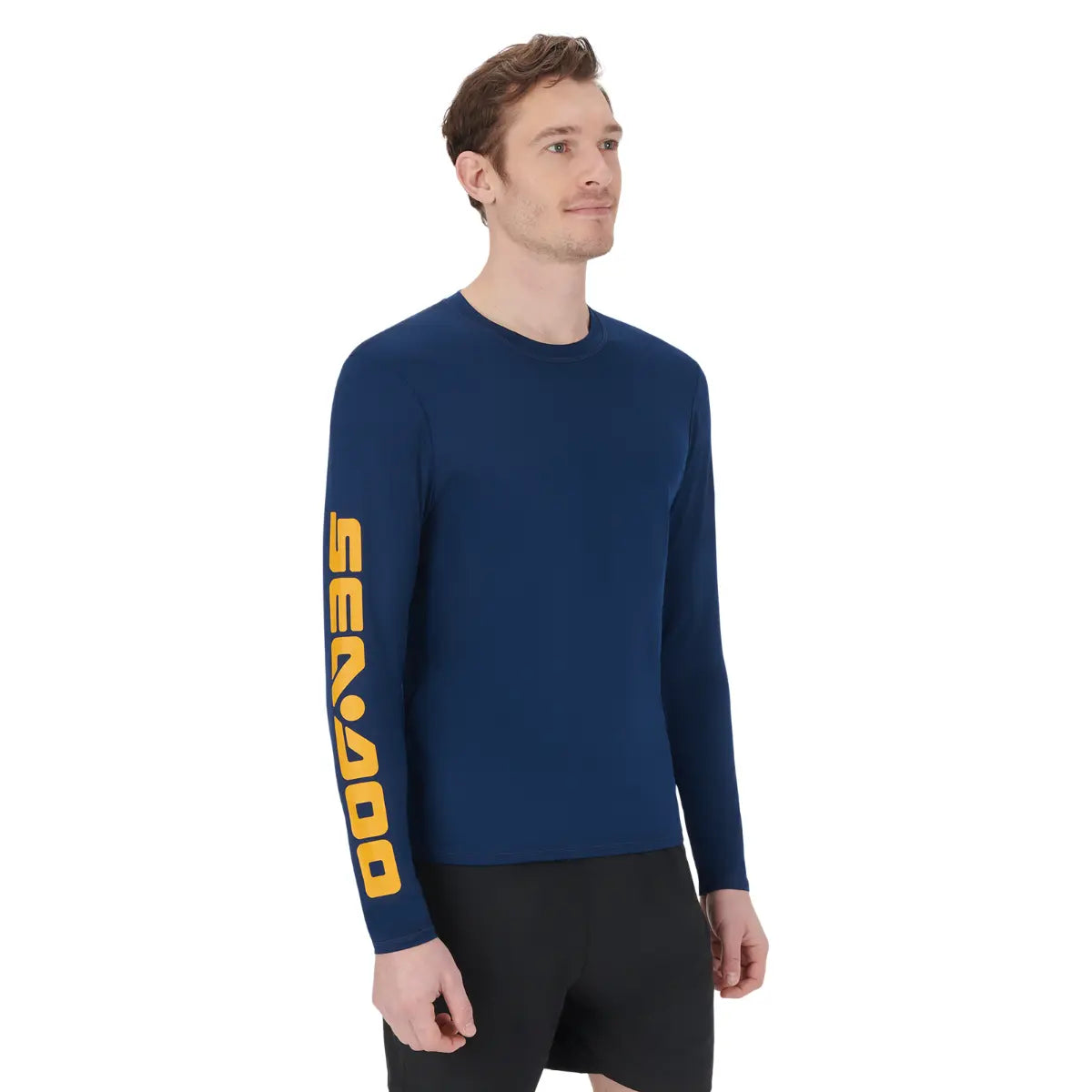 Sea-Doo men's navy long-sleeve rashguard with yellow Sea-Doo logo on the sleeve