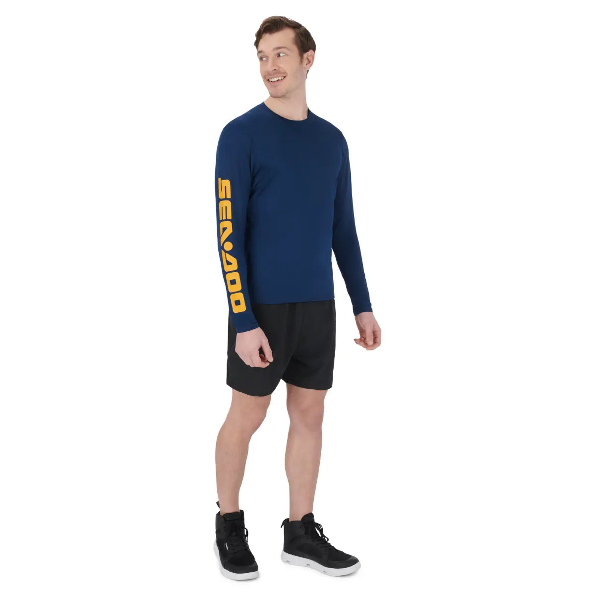 Sea-Doo men's long-sleeve rashguard in navy with yellow Sea-Doo branding on the sleeve