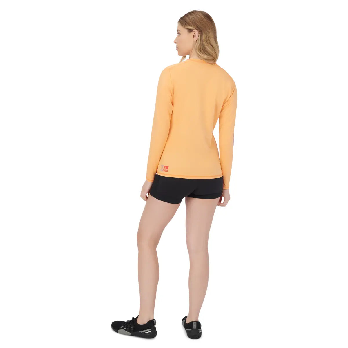 Sea-Doo Women's Long Sleeve Rashguard Coral, riding gear in coral color, back view.