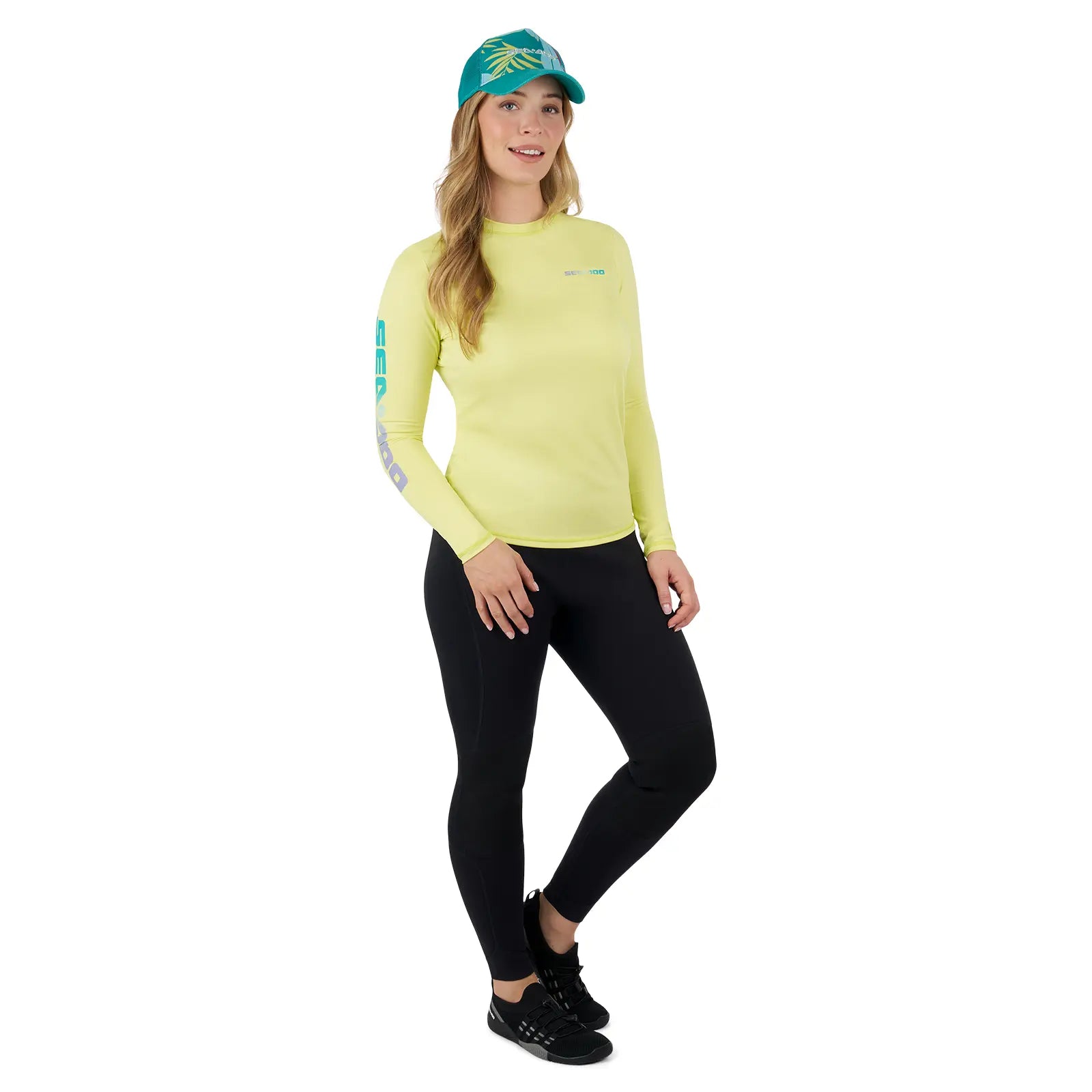 Sea-Doo women's long-sleeve rashguard, yellow riding gear with SEA-DOO branding