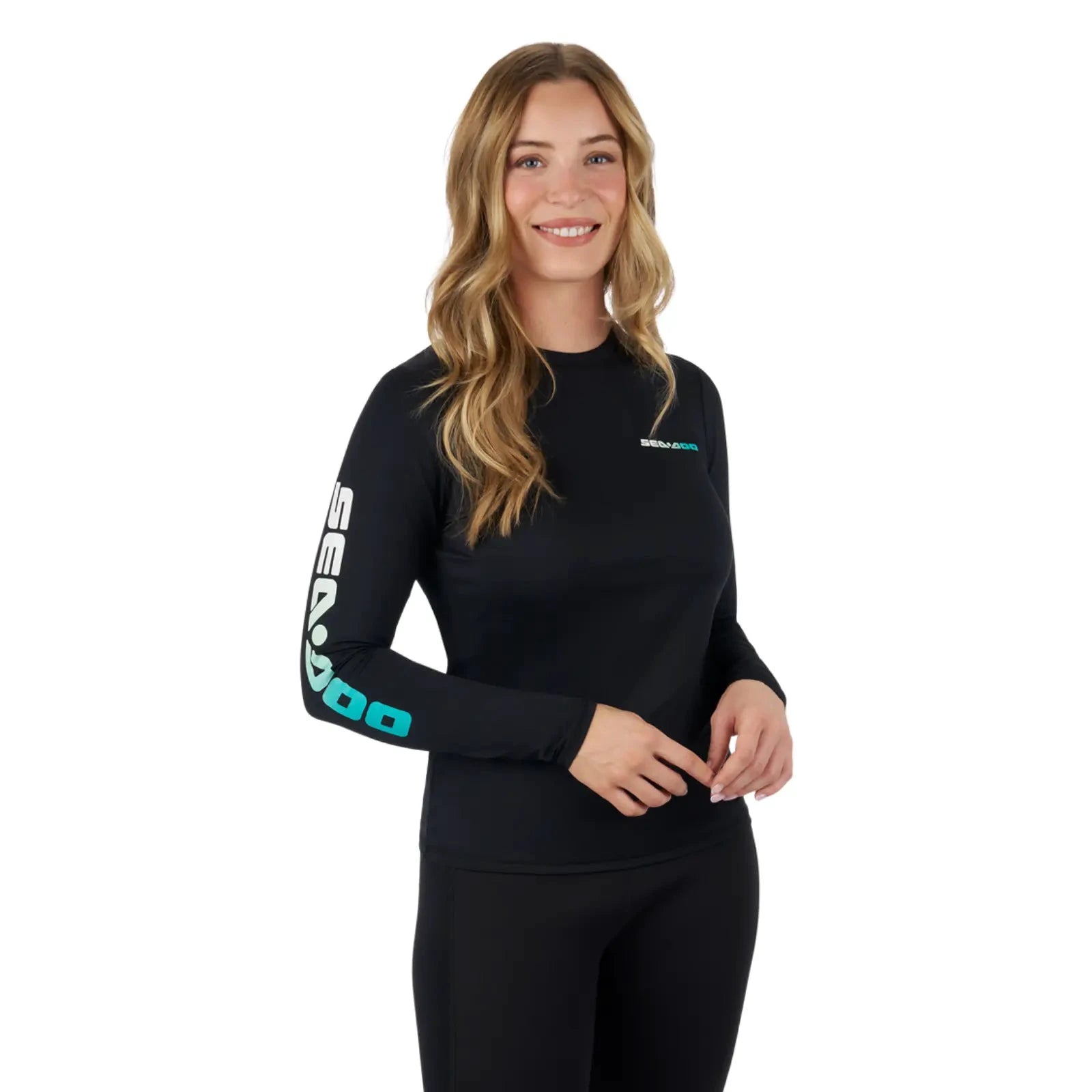 Sea-Doo women's long-sleeve rashguard in black riding gear with chest logo and teal sleeve print