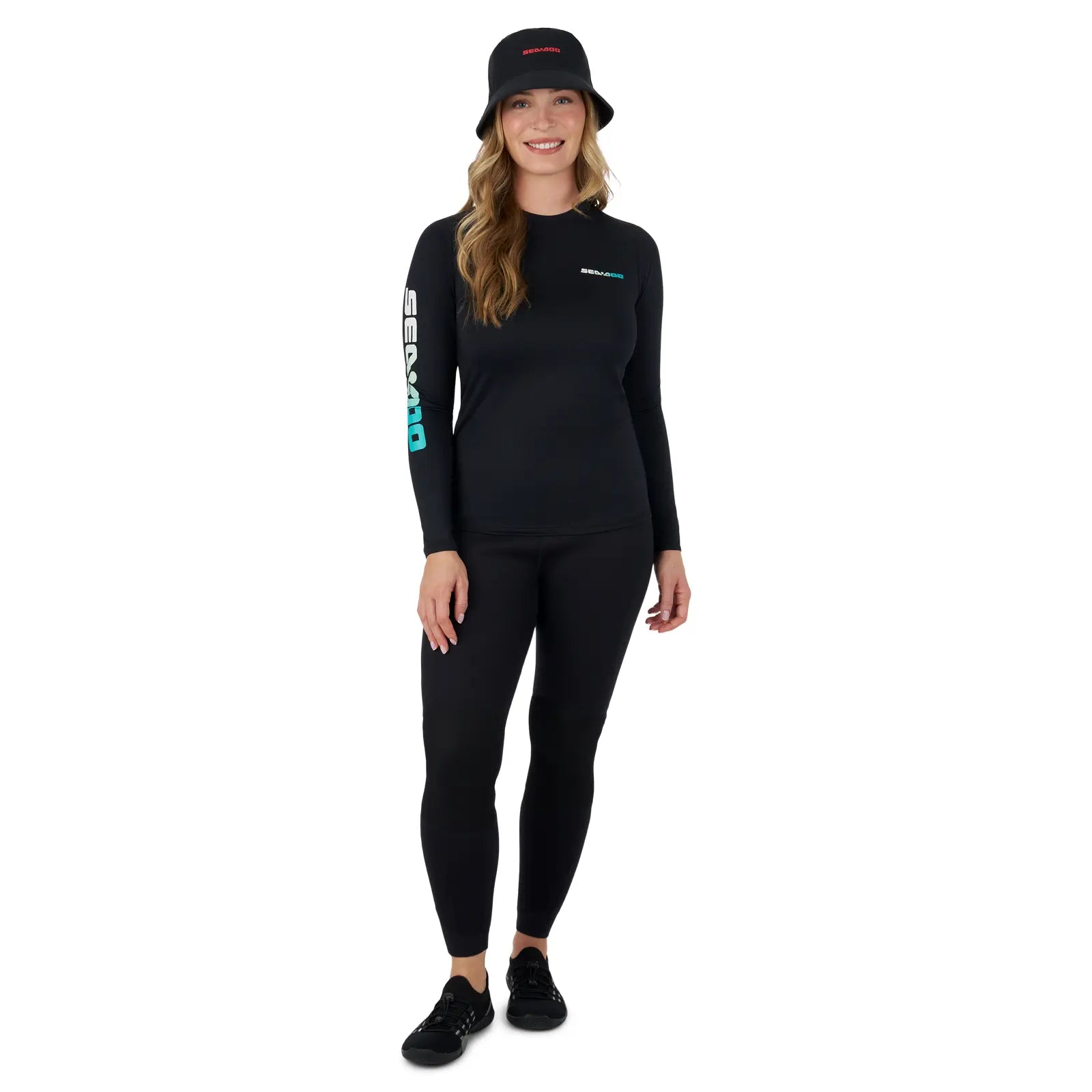 Sea-Doo women's long-sleeve rashguard, black with turquoise sleeve branding.