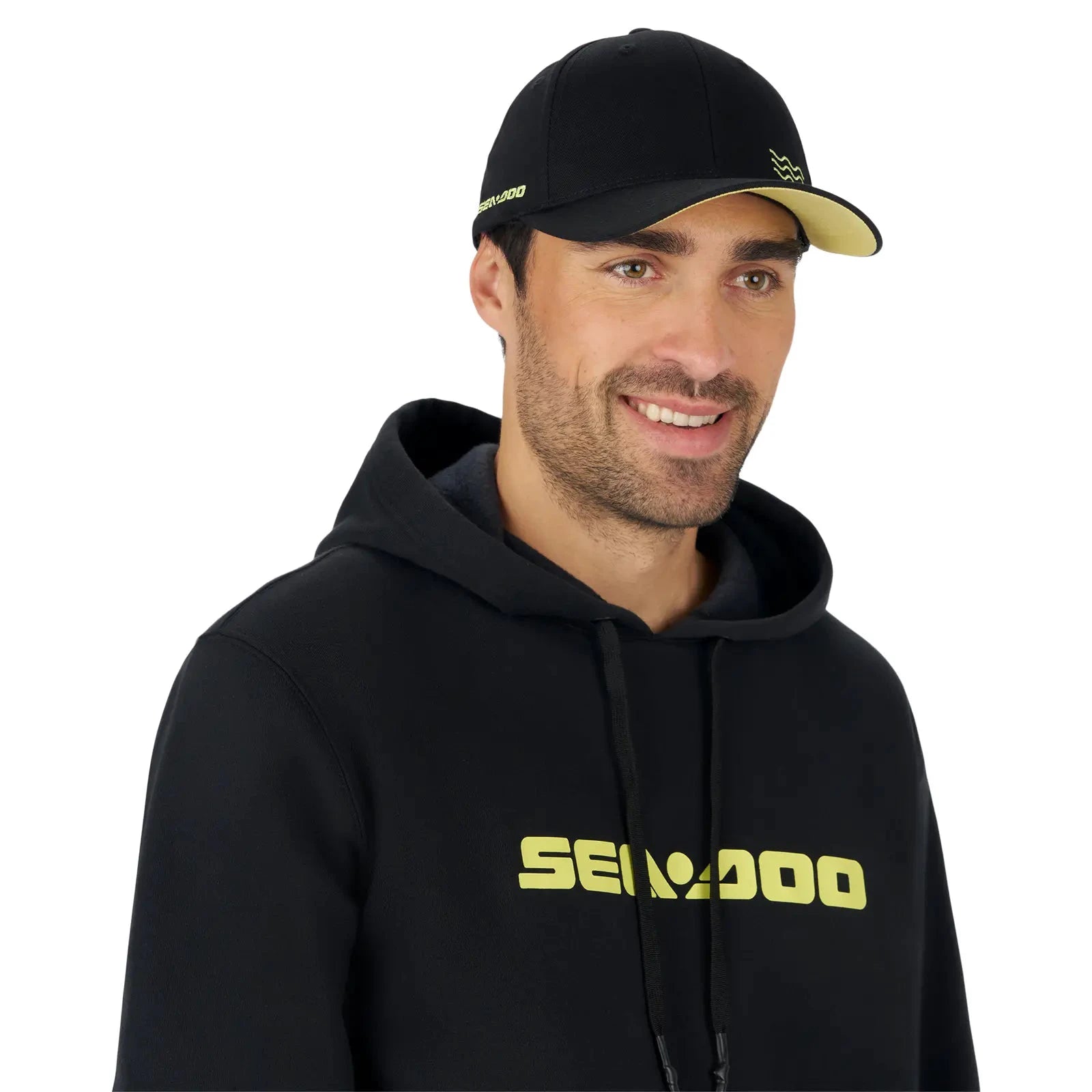 Sea-Doo Wave Signature Cap, black baseball cap with a yellow Sea-Doo logo and pale yellow underbill.