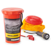 Sea-Doo Safety Equipment Kit orange canister with yellow rescue rope and flashlight