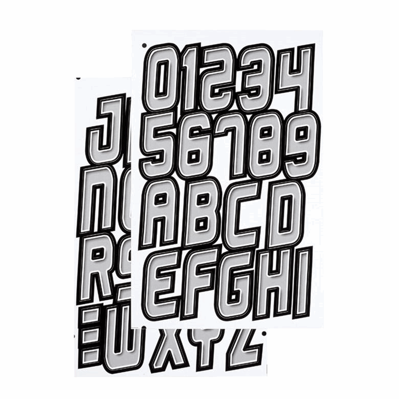 Sea-Doo registration kit decal sheets with bold black-outline alphabet letters and numbers