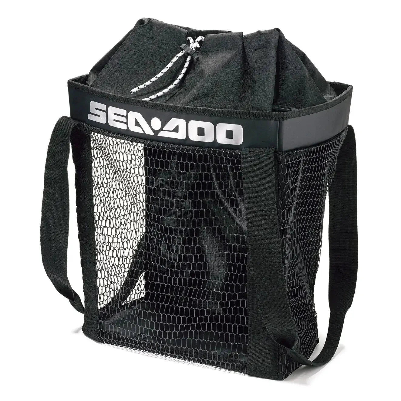 Sea-Doo 9.8 US gal removable storage bin organizer; black mesh tote with Sea-Doo logo