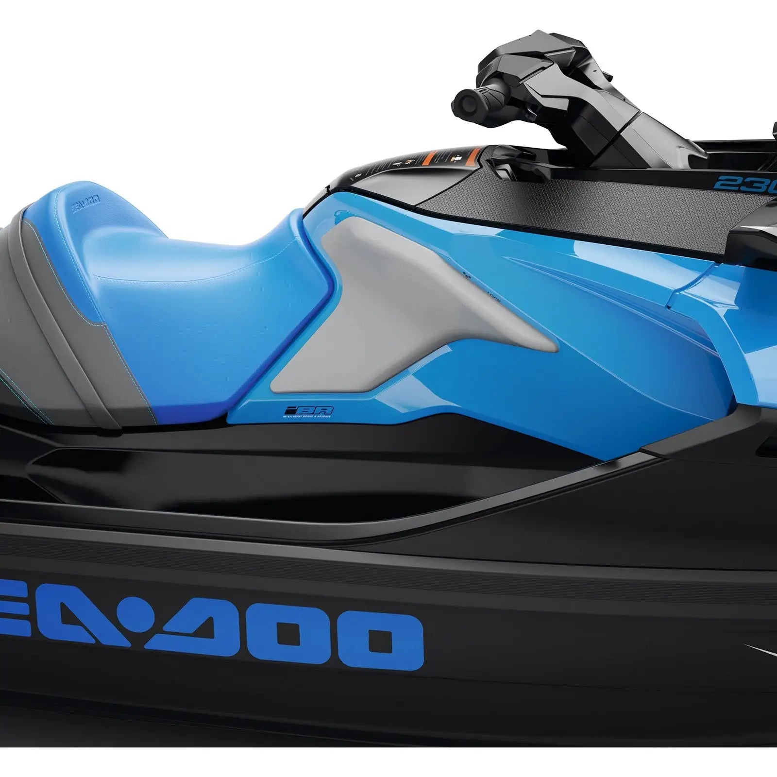 Sea-Doo Ergolock Knee Pads for PWC accessories on a blue Sea-Doo watercraft, gray knee-area panel visible