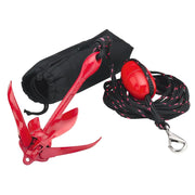 Sea-Doo folding anchor with red blades, black rope with pink accents and red float, in carry bag