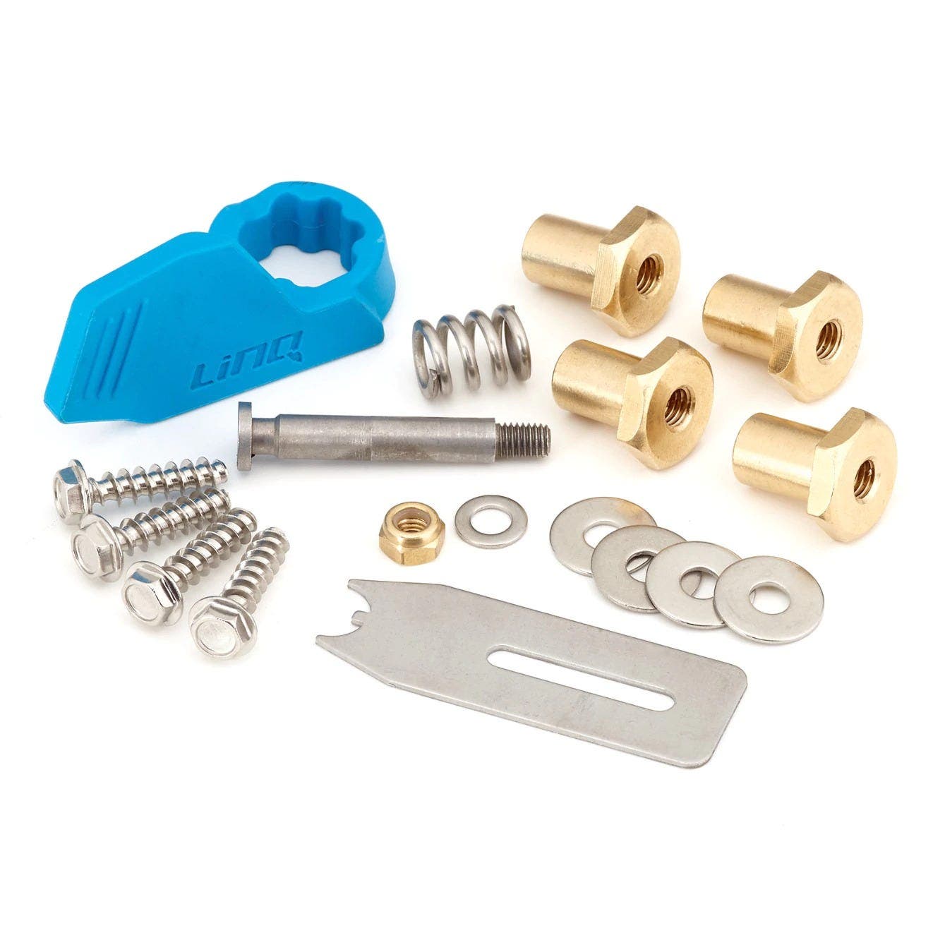 LinQ Marinized Hardware Kit #295100751 by Sea-Doo; blue tool, brass spacers, washers, spring, bolt.