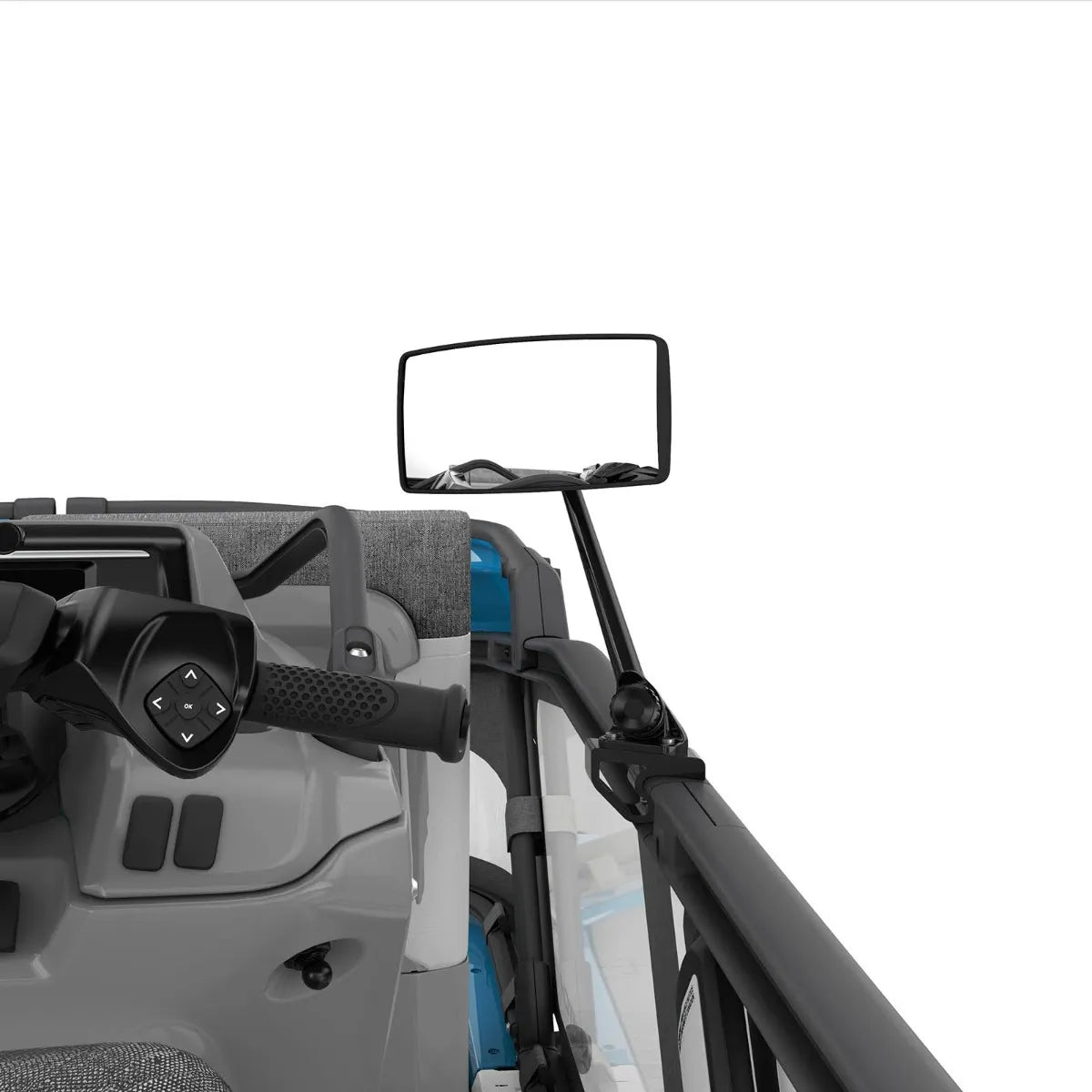 Sea-Doo Switch Rearview Mirror; black frame mounted on watercraft cockpit steering