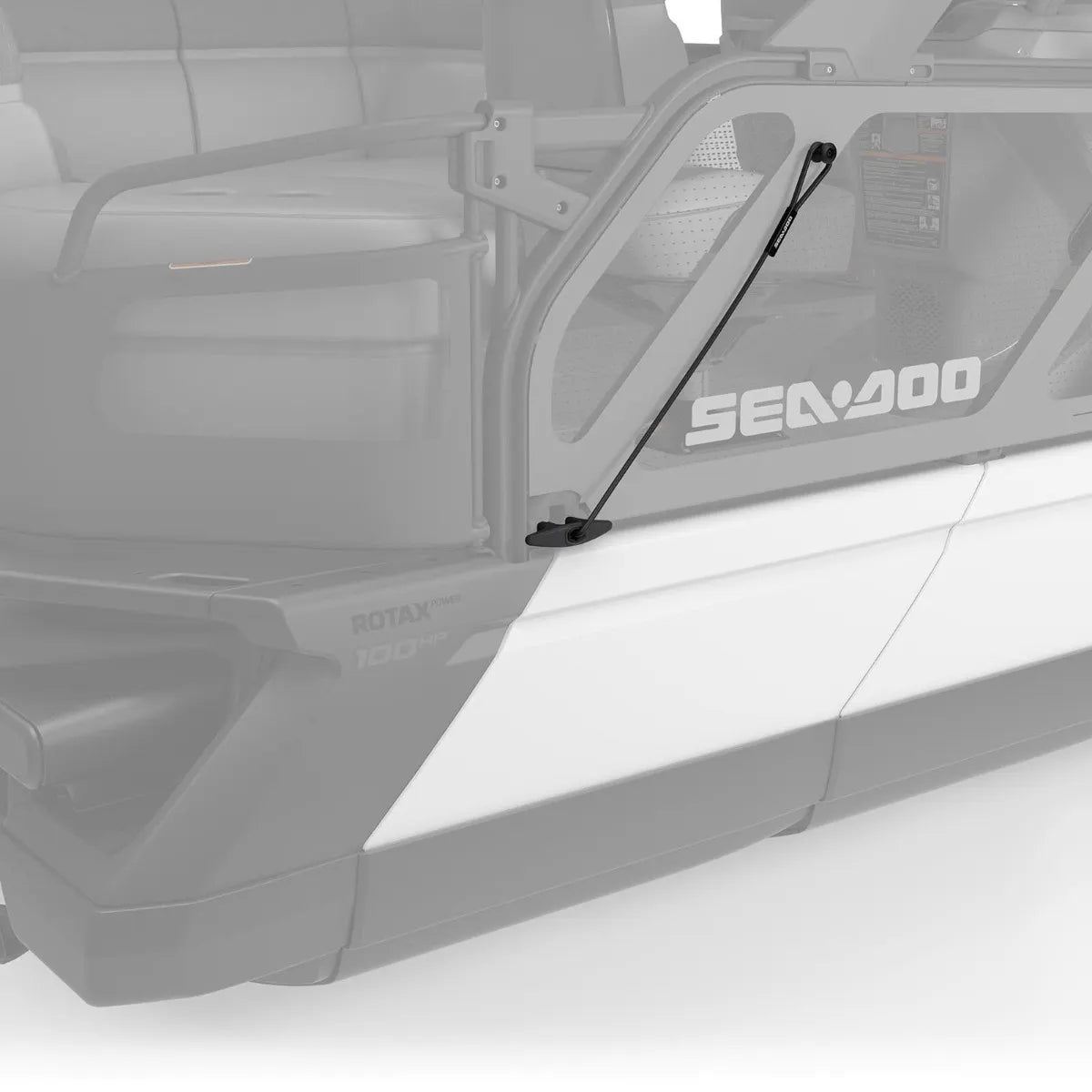 Sea-Doo Switch Speed Tie docking accessory, black cord with mounting base at boat door frame