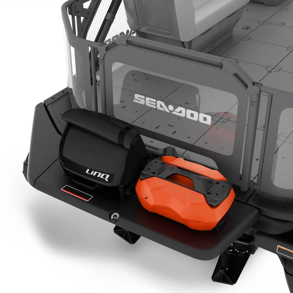 Sea-Doo Switch Swim Platform with black LINQ bag and orange fuel caddy on rear deck