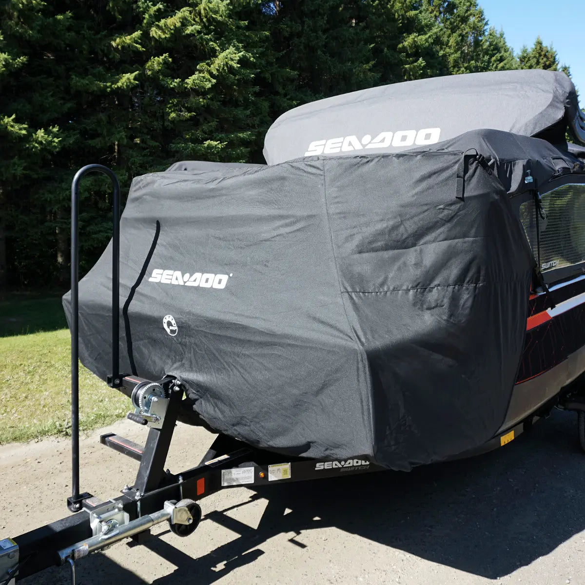 Switch front trailering cover, gray Sea-Doo OEM (BRP) on trailer for watercraft storage