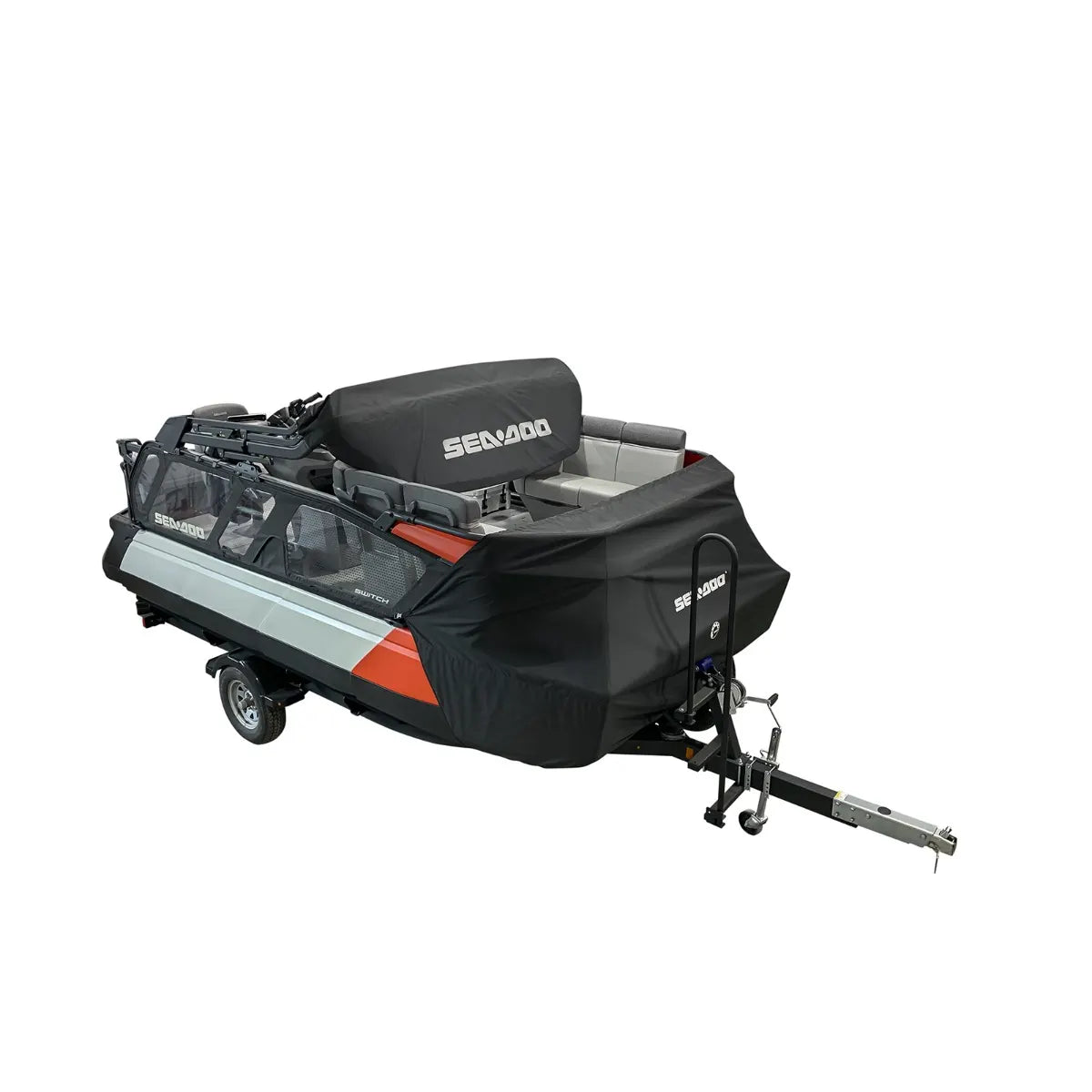 Sea-Doo Switch front trailering cover, BRP OEM, black, on watercraft trailer.