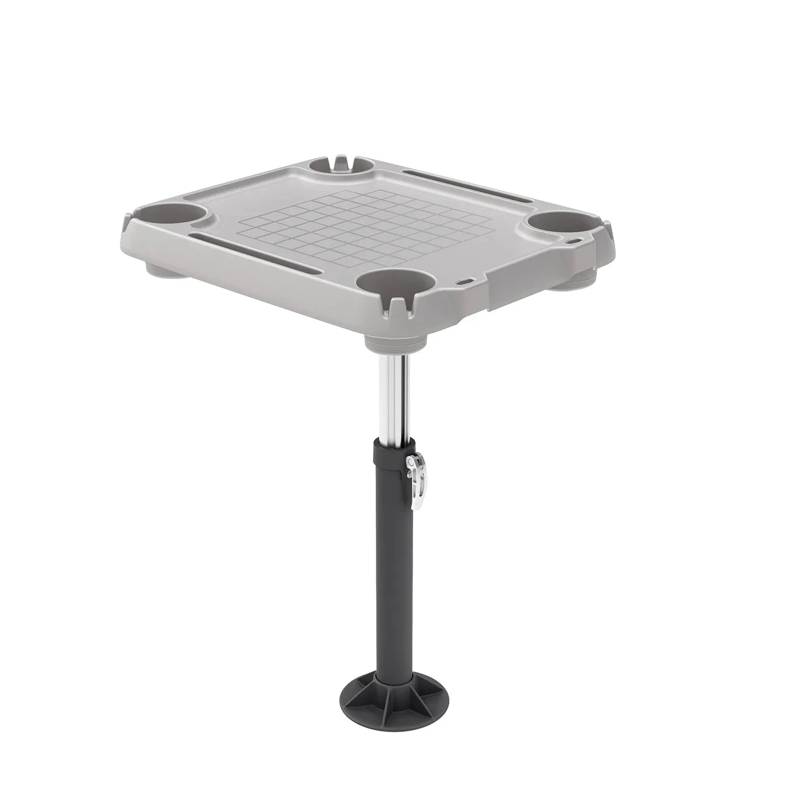 Sea-Doo Switch Adjustable Table, gray square top with cup-holders on an adjustable metal pedestal with a black base.