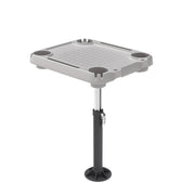 Sea-Doo Switch Adjustable Table, gray square top with cup-holders on an adjustable metal pedestal with a black base.