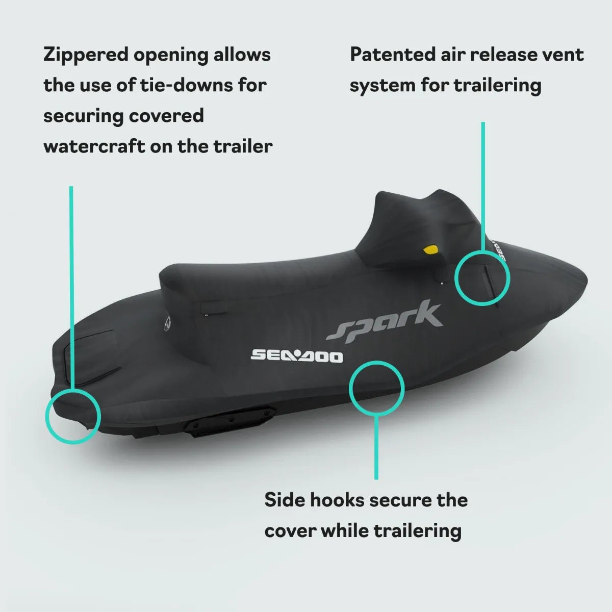 PWC cover for Sea-Doo Spark 3 Up, OEM BRP, black watercraft storage cover with zippered opening and trailer hooks