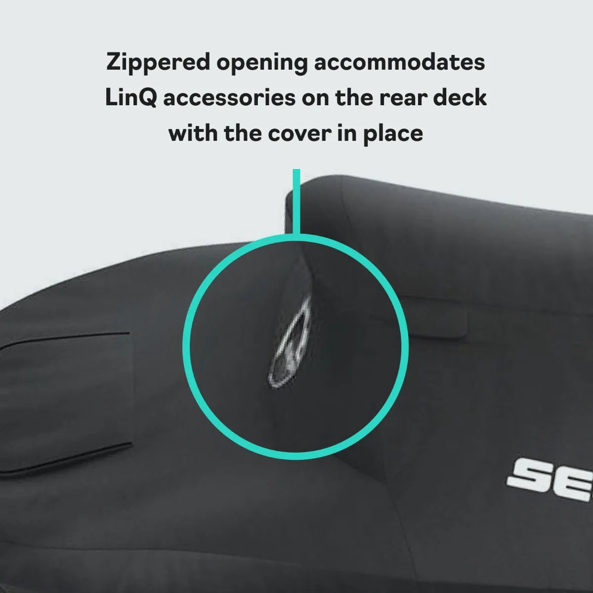 Sea-Doo OEM PWC cover in black for Spark 3 Up (2014–2023) with zippered opening for LinQ accessories.