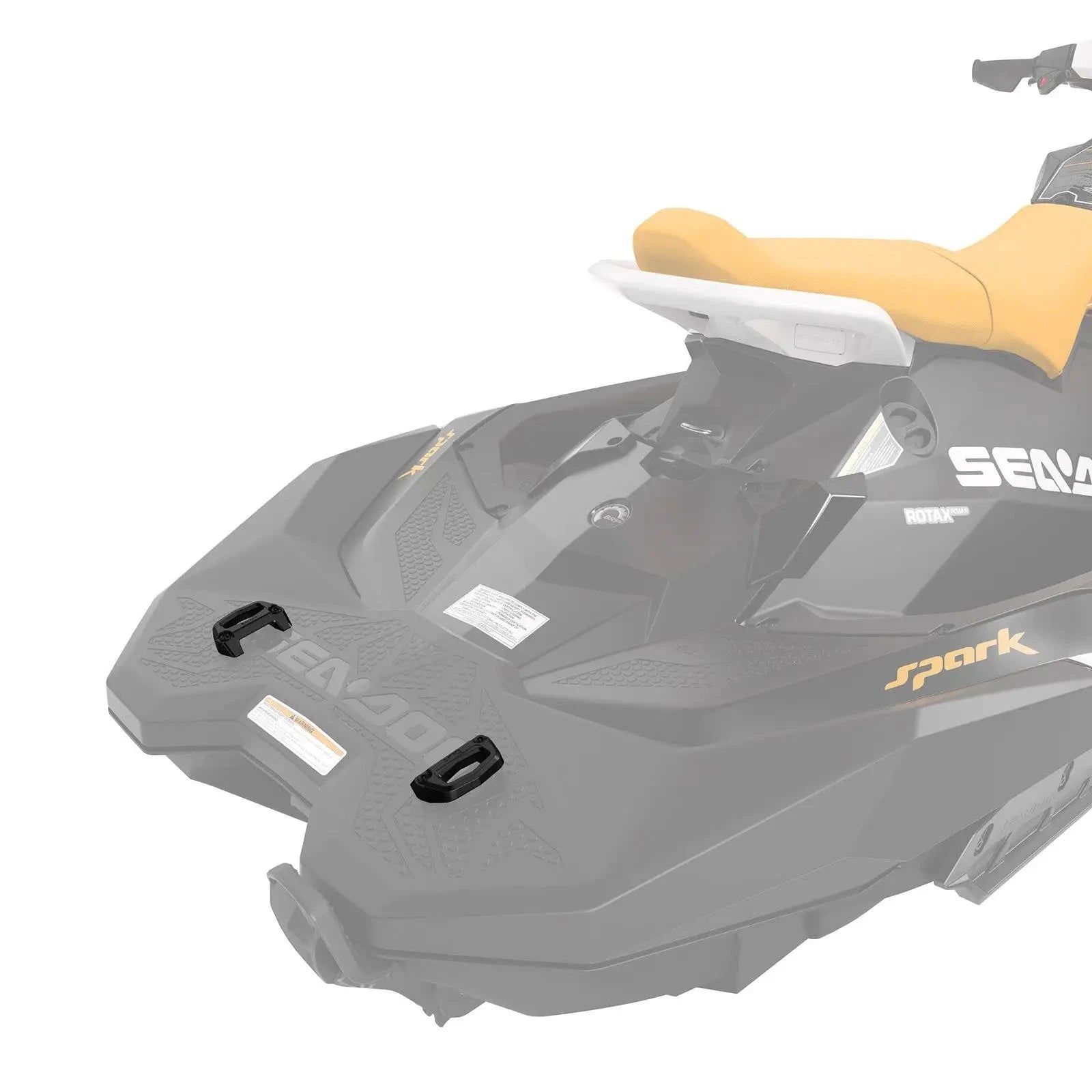 Sea-Doo Spark LinQ Base Installation Kit on the front deck of a black Spark PWC with a yellow seat.