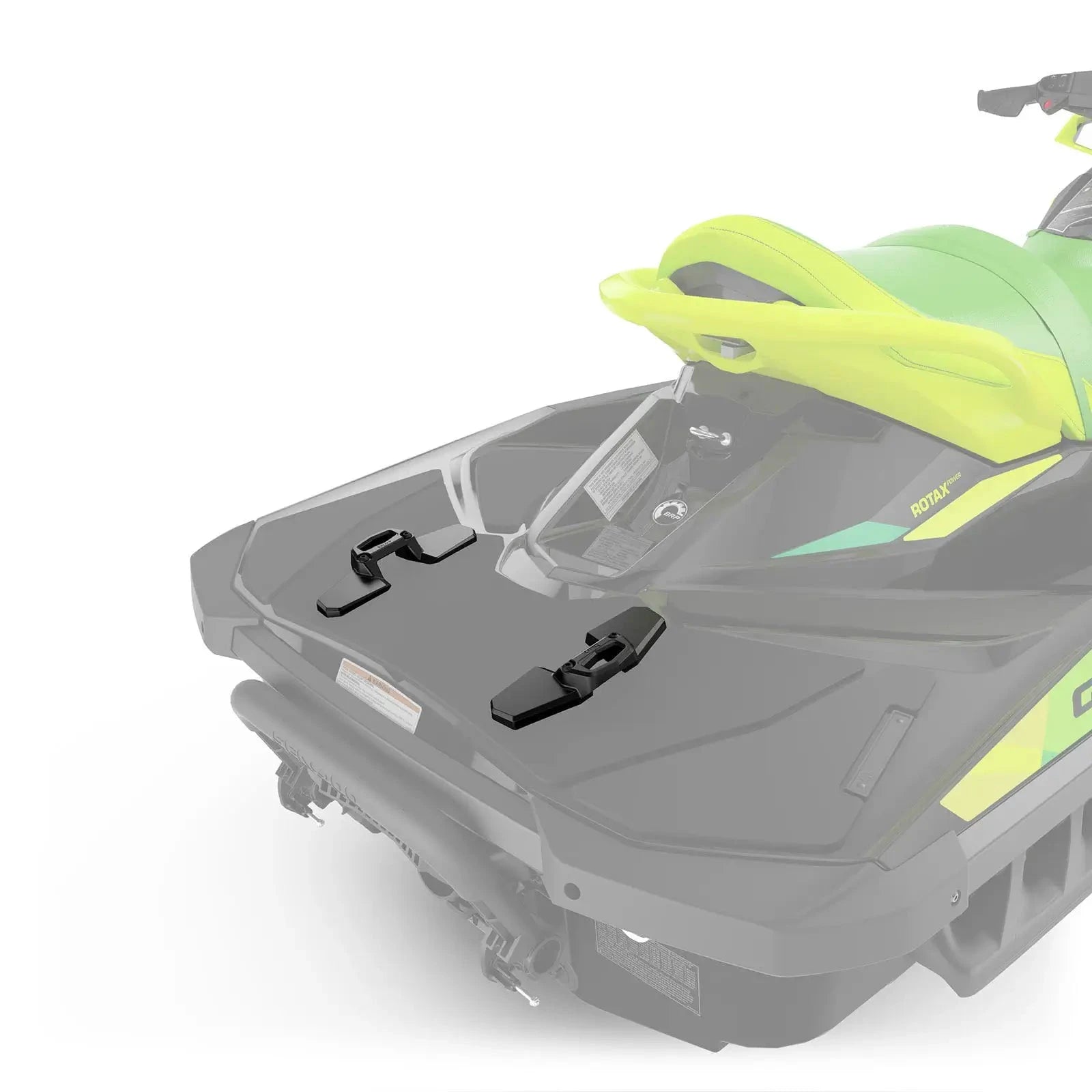 Sea-Doo LinQ Base Installation Kit with black mounting brackets mounted on a green Sea-Doo watercraft