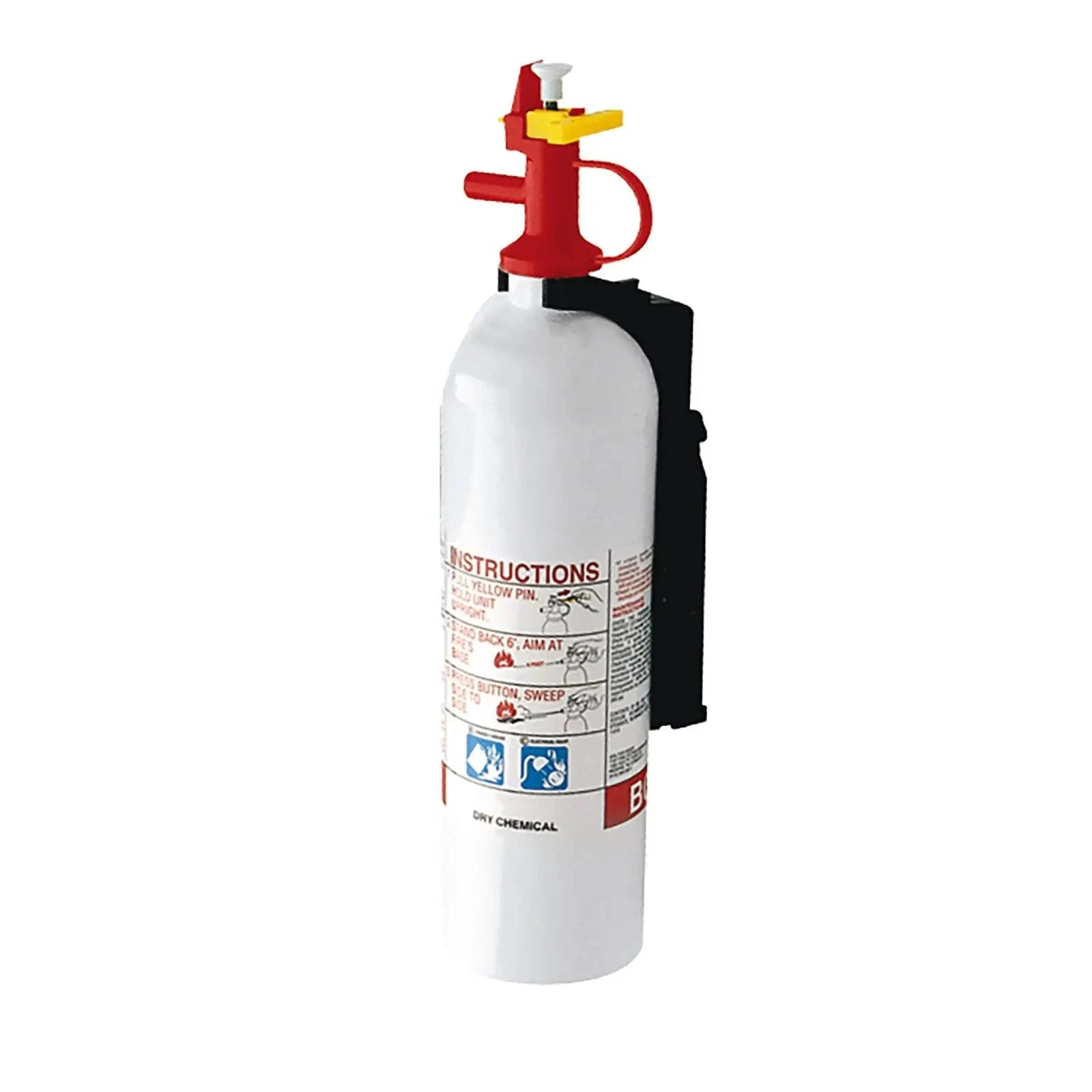 Sea-Doo Fire Extinguisher, white cylinder with red handle and yellow safety pin mounted on bracket