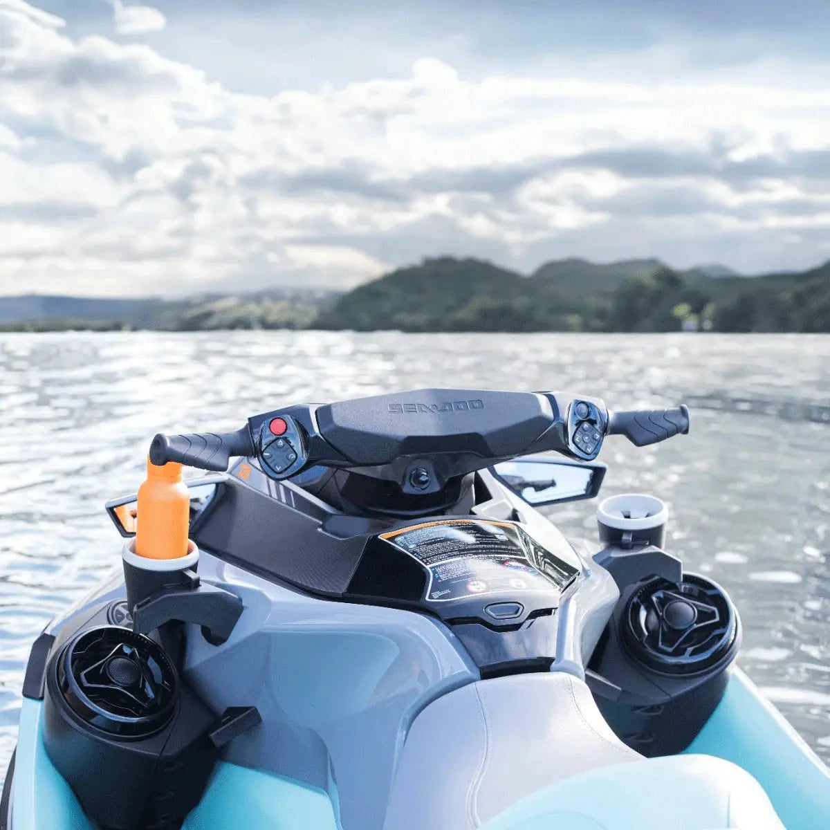 BRP Audio-Premium System for Sea-Doo PWC on blue jet ski handlebars